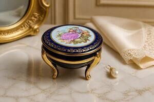 Vintage Limoges France Porcelain Cobalt Blue/Gold 3 Footed Trinket/Vanity Box